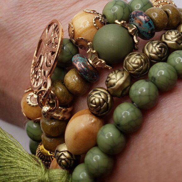 Multilayer Bracelet Tassel Tree of Life Shape Pendant Handmade Beads Stretchy Br - Picture 2 of 16